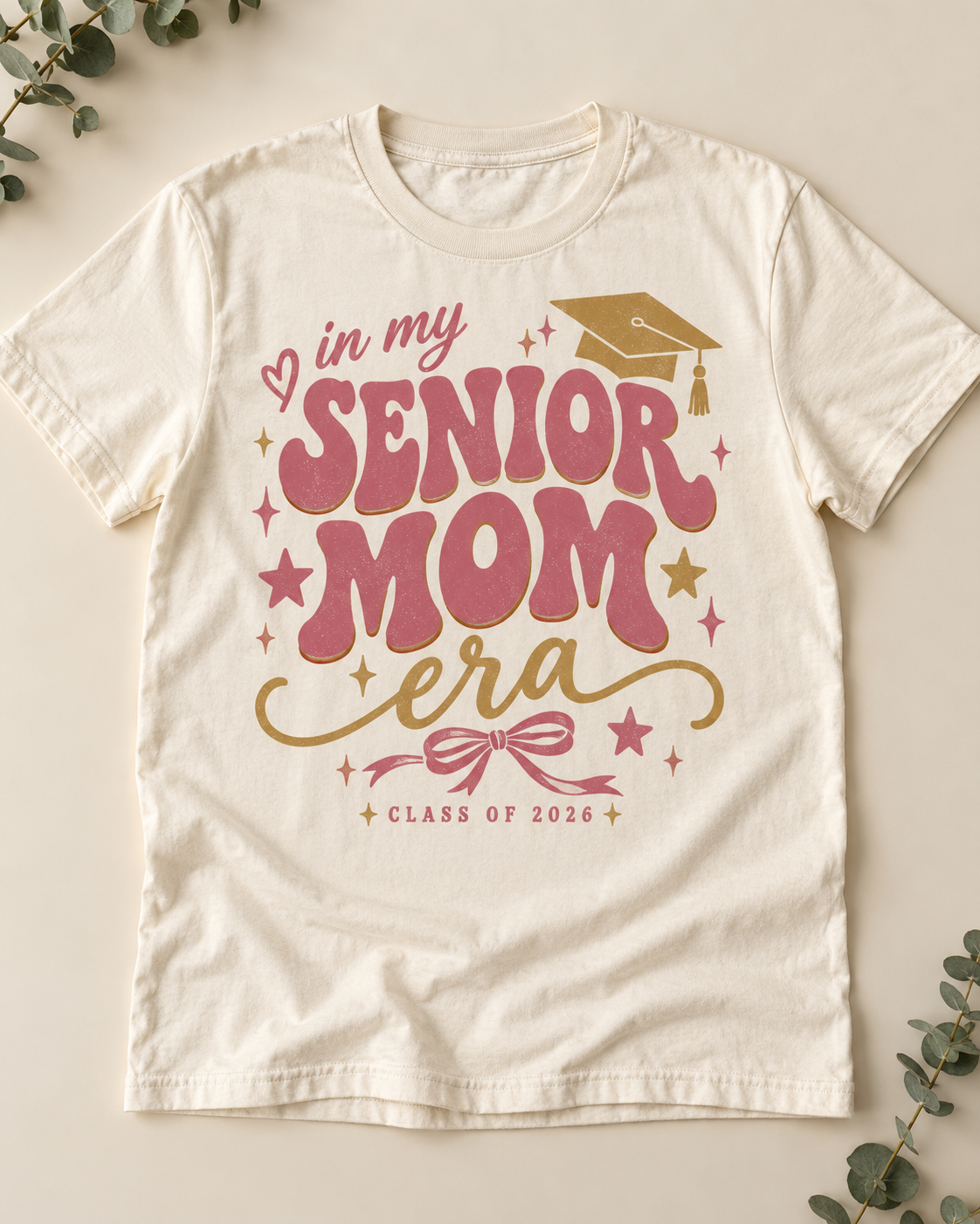 Senior Mom era shirt mockup with graduation cap and bow artwork