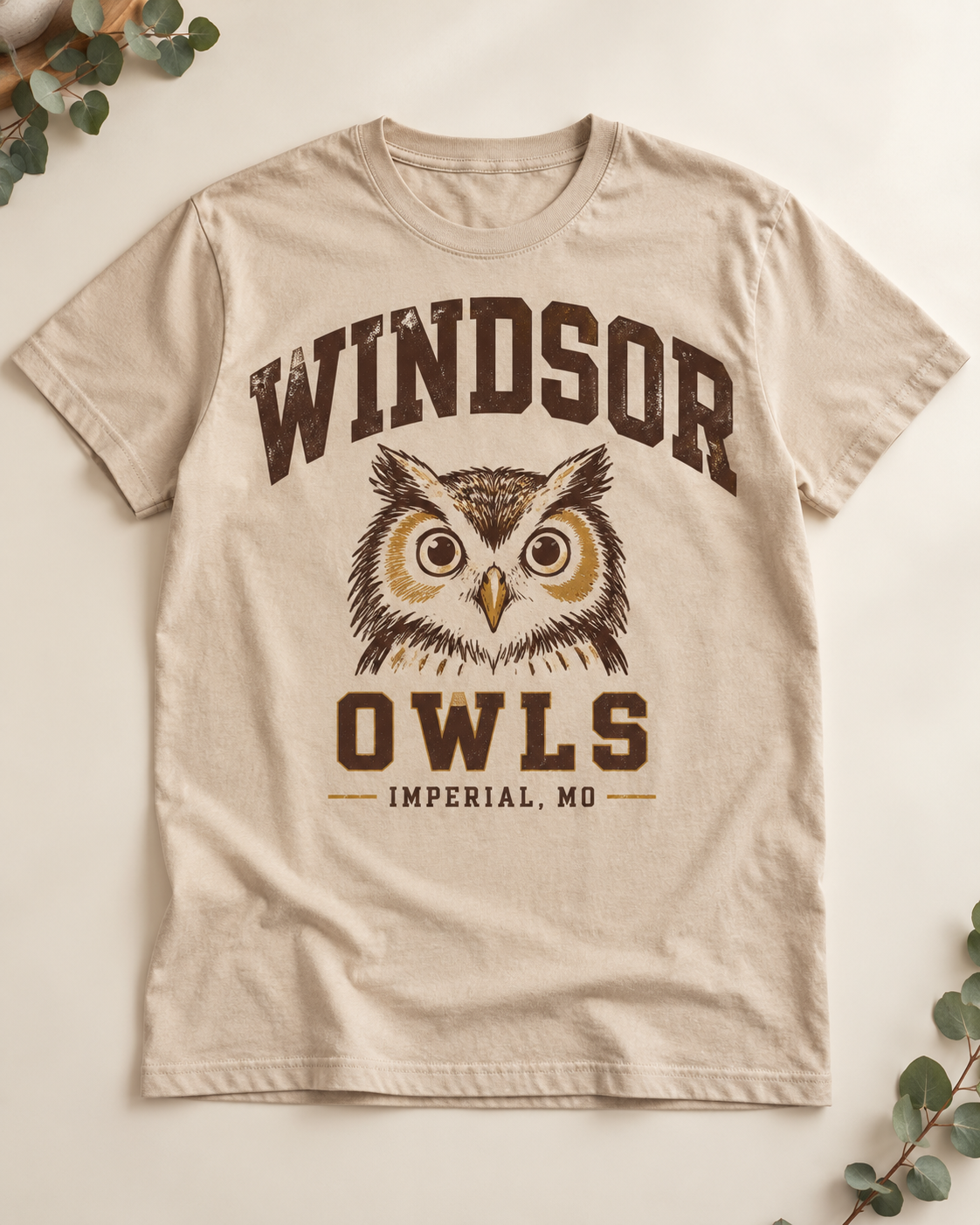 Realistic Windsor Owls shirt mockup in brown and gold with original owl artwork